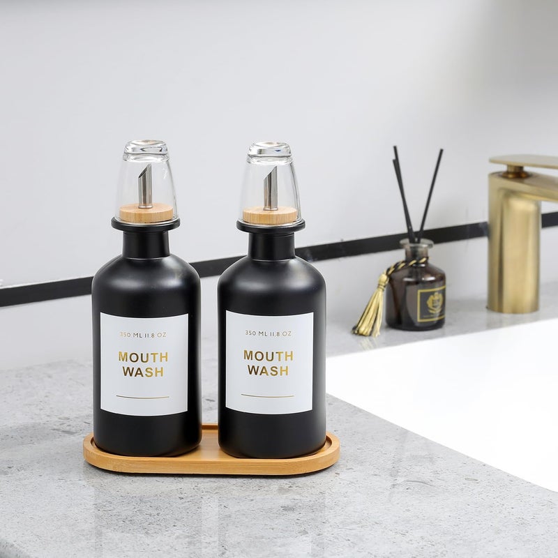 BONLONG 11.8OZ Glass Mouthwash Dispenser for Bathroom with Stainless Steel & Bamboo Nozzle, Mouthwash Cup Reusable, Bamboo Tray, and Elegant Gold Sticker.Set of 2（Black - Image 4
